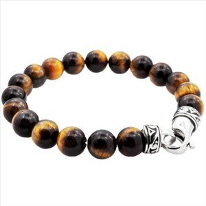 Blackjack Genuine Tiger Eye Stainless Steel Beaded Bracelet